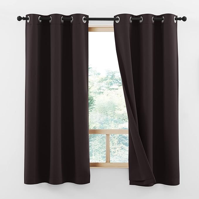 NICETOWN Short Complete 100% Blackout Curtains, Thermal Insulated & Energy Efficiency Window Draperies with Same Color Liner, Noise Reducing Small Drapes for Kids Room (Brown, 42"W by 63"L, 2 Panels)