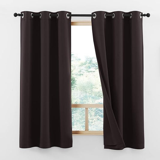 NICETOWN Short Complete 100% Blackout Curtains, Thermal Insulated & Energy Efficiency Window Draperies with Same Color Liner, Noise Reducing Small Drapes for Kids Room (Brown, 42"W by 63"L, 2 Panels)