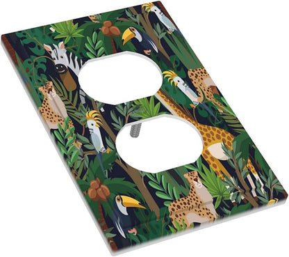 Cartoon Animal Zebra Leopard Giraffe Bird Leaf Single Duplex Wall Plate Covers Nursery Light Switch Cover 1 Gang Outlet Plate Decorative Electrical Receptacle Art Faceplate Switchplate for Kidroom