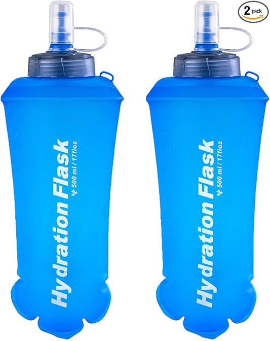 Azarxis TPU Soft Flask Running Collapsible Water Bottles BPA-Free Running Flask for Hydration Pack - Ideal for Running Hiking Cycling Climbing (500ml/16.9oz - 2 Pack)