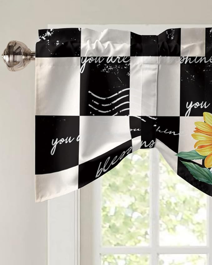 Buffalo Plaid Blackout Tie Up Valance Curtains for Kitchen Windows Farmhouse Sunflower Window Toppers Balloon Shades for Living Room/Bathroom/Bedroom,1 Panel,60" X 18" Autumal Wild Flower