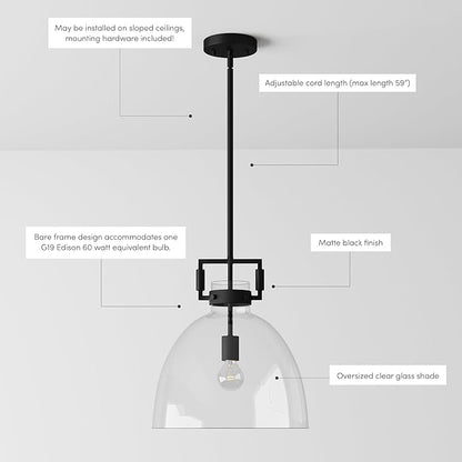 Nathan James Leigh Pendant Lighting, Black Hanging Ceiling Light with Oversized Glass Shade and Adjustable Cord, for Kitchen Island or Entryway, Matte Black/Clear