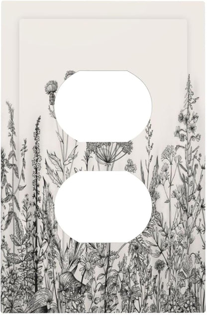 Vintage Grey Floral Herbs Wild Flowers Botanical Single Duplex Wall Plate Covers Boho Light Switch Cover 1 Gang Outlet Plate Decorative Country Electrical Receptacle Art Faceplate Switchplate