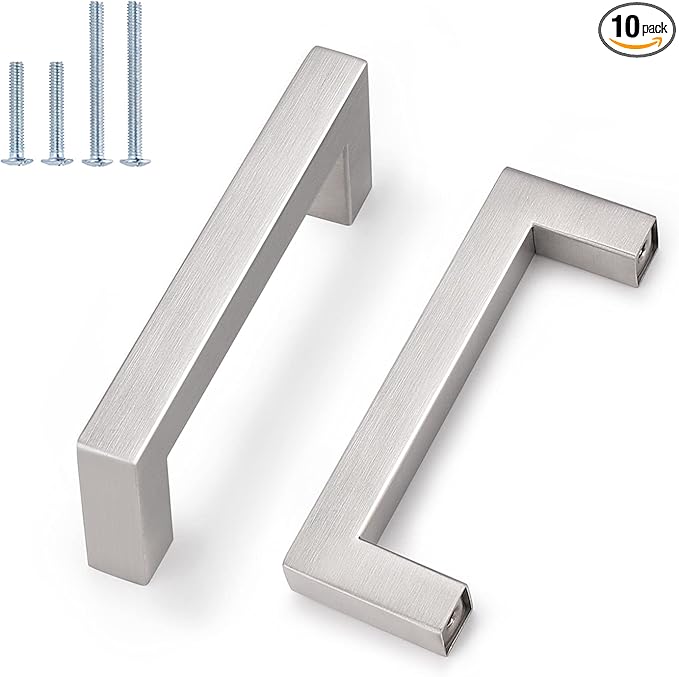 Probrico 10 Pack|Sqaure Kitchen Cabinet Pulls 3-1/2 inch Hole Center, Stainless Steel Furniture Cabinet Hardware, Brushed Nickel Cabinet Handles, 4 Inch Total Length