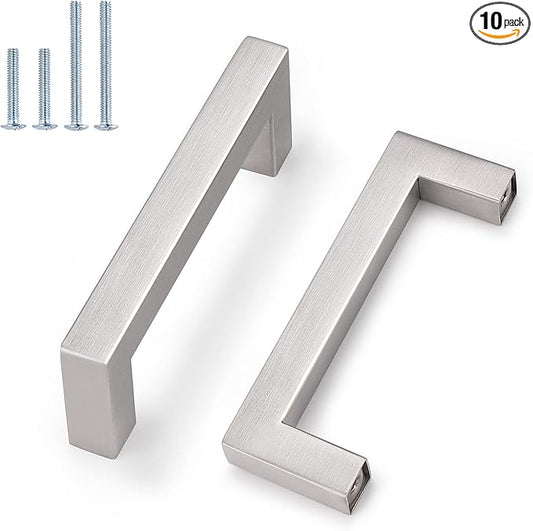 Probrico 10 Pack|Sqaure Kitchen Cabinet Pulls 3-1/2 inch Hole Center, Stainless Steel Furniture Cabinet Hardware, Brushed Nickel Cabinet Handles, 4 Inch Total Length