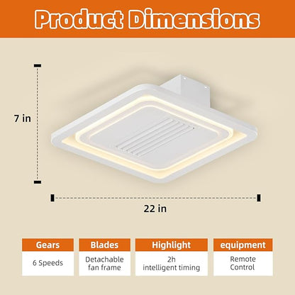 21 Inch Speed Bladeless Ceiling Fan,LED Ceiling Lights with Fan,Remote Control Enclosed Flush Mount Ceiling Fan With Timming,Low Profile Ceiling Fan With Light,3000-6000K, 6 Wind Speed
