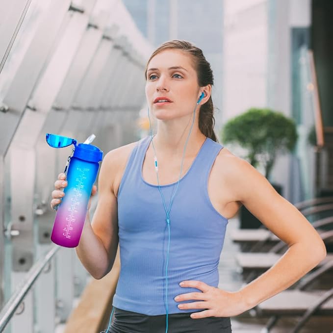 XACIOA Water Bottle with Straw,32oz Plastic Cup with Motivational Time Marker,1L Tritan Sport Lightweight Leakproof BPA-Free,Wide Mouth Fast Flow Ensure You Have Times to Drink,with Straw & Cup Brush