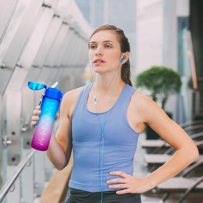 XACIOA Water Bottle with Straw,32oz Plastic Cup with Motivational Time Marker,1L Tritan Sport Lightweight Leakproof BPA-Free,Wide Mouth Fast Flow Ensure You Have Times to Drink,with Straw & Cup Brush