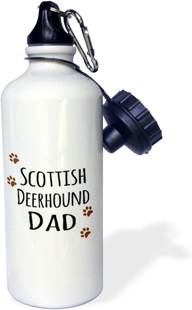 3dRose "Scottish Deerhound Dog Dad-Doggie by breed-muddy brown paw prints-doggy lover-pet owner love" Sports Water Bottle, 21 oz, White