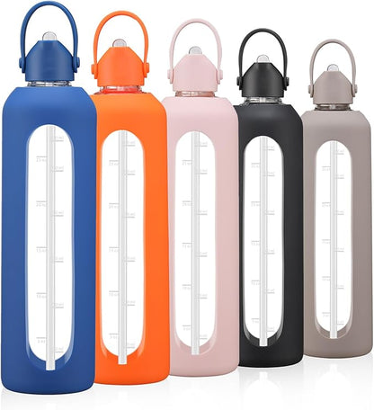 32 oz Glass Water Bottles with Straw Borosilicate Glass Water Bottle with Time Marker Motivational Water Bottles with Silicone Sleeve Leak Proof Reusable BPA Free