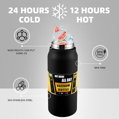 50oz/1.5L Insulated Sports Water Bottle, Stainless Steel Double Wall Water Jug with Handle, 2-in-1 Chug Spout and Straw Lid with Lock Cover for School, Outdoor, Sports & Travel, Black