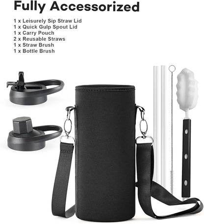 40 oz Insulated Water Bottle with Straw and Lid, Food-grade Double Wall Vacuum Stainless Steel Flask with Handle,Leakproof Metal Travel Jug With Carry Pouch and Brush,Keep Cold & Hot,Black