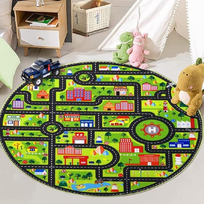 Kids Playmat Car Rug Educational Car Rugs Large City Life Play Mat for Bedroom Play Room Round Rug Non Slip Kids Foam Rug Playtime Activity Mat for Toddler Baby Boys and Girls 4 x 4