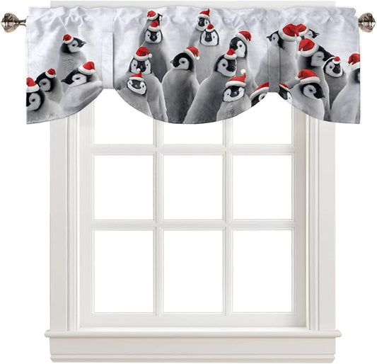 Funny Penguin with Christmas Hat Blackout Tie Up Valance Curtains for Kitchen Windows Winter Holidays Window Toppers Balloon Shades for Living Room/Bathroom/Bedroom,1 Panel,42" X 12"