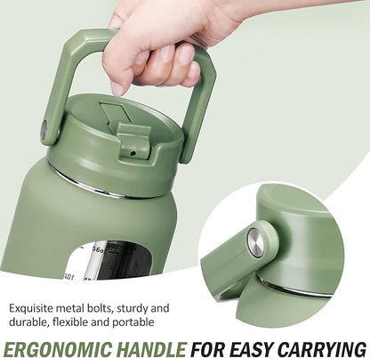 64 oz Glass Water Bottle with Straw and 2 Lids, Half Gallon Water Bottle with Sleeve, Large Insulated 2 Liter Glass Water Jug Time Marker with Handle - Olive