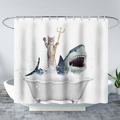 AILONEN 3D Bathtub Shark Shower Curtain for Kids 150 * 180 Inch,Cat Riding Shark in a Bathtub Shower Curtain,12 Pack Hooks Polyester Waterproof Fabric Decor for Bathroom Bathtub Panels