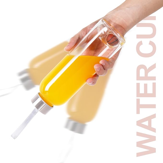 Crazy Music 32 oz Clear Glass Water Bottles,Reusable Glass Juicing Bottles with Stainless Steel Leak Proof Lids -16 oz Sports Water Bottle with Time Marker for Gym, Sports, Outdoors(32 Oz Gold