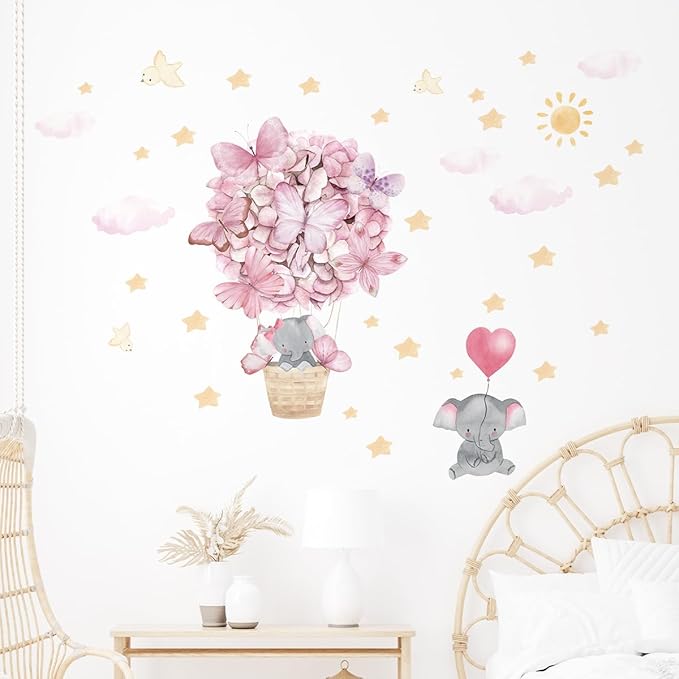 Pink Butterfly Hot Air Balloon Elephant Wall Decor for Baby Girl Room Star Cloud Nursery Wall Decal Stickers
