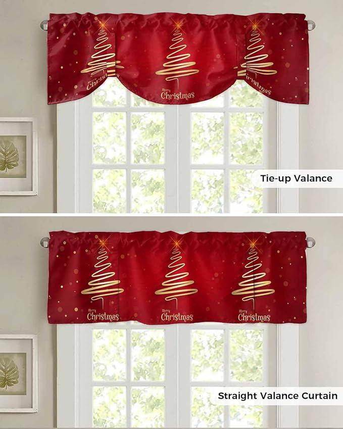 Christmas Tree Blackout Tie Up Valance Curtains for Kitchen Windows Merry Xmas Red Window Toppers Balloon Shades for Living Room/Bathroom/Bedroom,1 Panel,60" X 18" Winter Holiday Decor