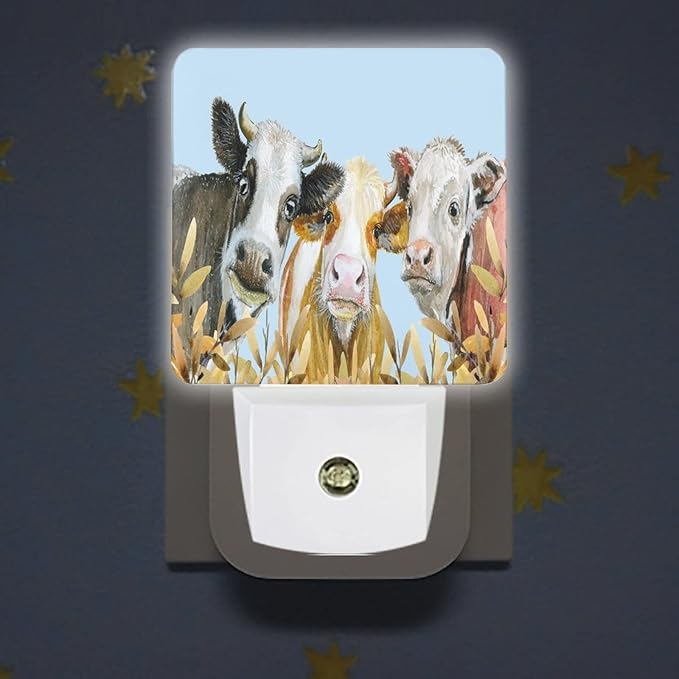 LED Night Lights Lamp with Dusk to Dawn Sensor, Watercolor Painted Cow Night Lamp, Night Lights Plug Into Wall for Kids Room, Bedroom, Bathroom, Kitchen, Hallway