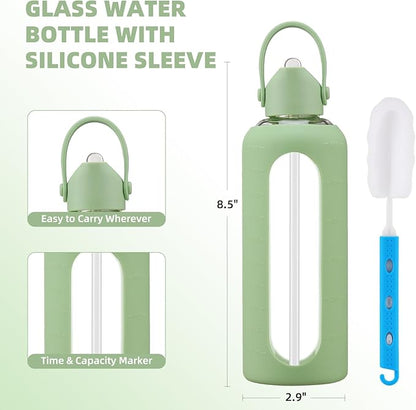 20 oz Glass Water Bottles with Straw Borosilicate Glass Water Bottle with Time Marker Motivational Water Bottles with Silicone Sleeve Leak Proof Reusable BPA Free