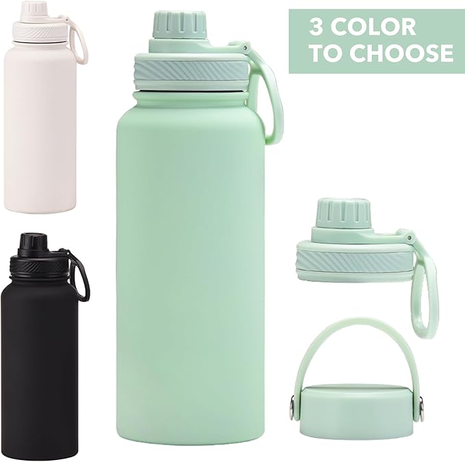 Mint Green 32 OZ Insulated Water Bottle, Large Metal Insulated Stainless Steel Water Flask, Big Sports Travel Water Bottle with 2 Lids, Insulated Sage Green Thermos Thermal Mug Cup