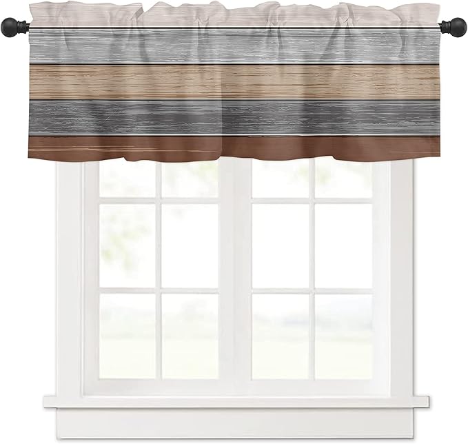Farmhouse Fall Kitchen Curtains Valances for Windows , Brown Grey Rod Pocket Country Window Treatment for Kitchen /Living Room/Bedroom/ Bathroom,42" X 12" -1 Panel, Retro Rustic Barn Wood Texture