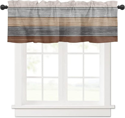 Farmhouse Fall Kitchen Curtains Valances for Windows , Brown Grey Rod Pocket Country Window Treatment for Kitchen /Living Room/Bedroom/ Bathroom,42" X 18" -1 Panel, Retro Rustic Barn Wood Texture