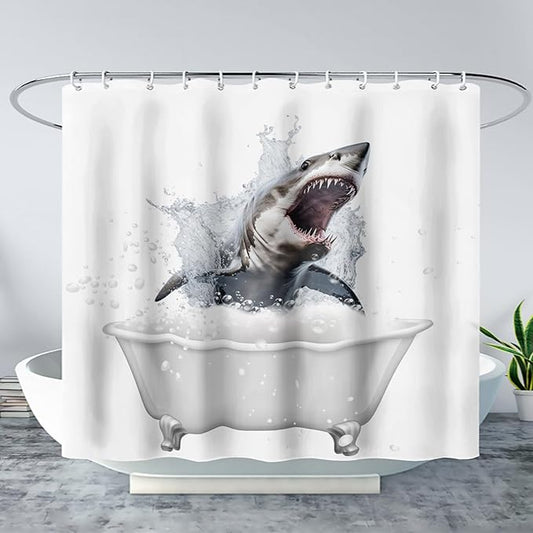 AILONEN 3D Bathtub Shark Shower Curtain for Kids 180 * 210 Inch,Fierce Shark in a Bathtub Shower Curtain,12 Pack Hooks Polyester Waterproof Fabric Decor for Bathroom Bathtub Panels