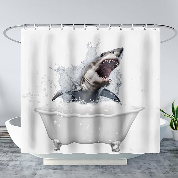 AILONEN 3D Bathtub Shark Shower Curtain for Kids 180 * 200 Inch,Fierce Shark in a Bathtub Shower Curtain,12 Pack Hooks Polyester Waterproof Fabric Decor for Bathroom Bathtub Panels