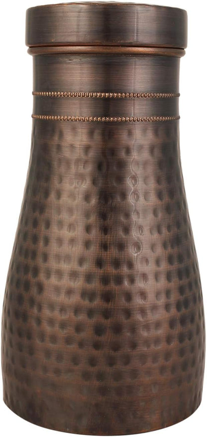 AAYUVEDA® Pure Copper Hammered Antique Bedroom Water Bottle 34oz, with In-Built Glass (Loose Lid, Pack of 1)