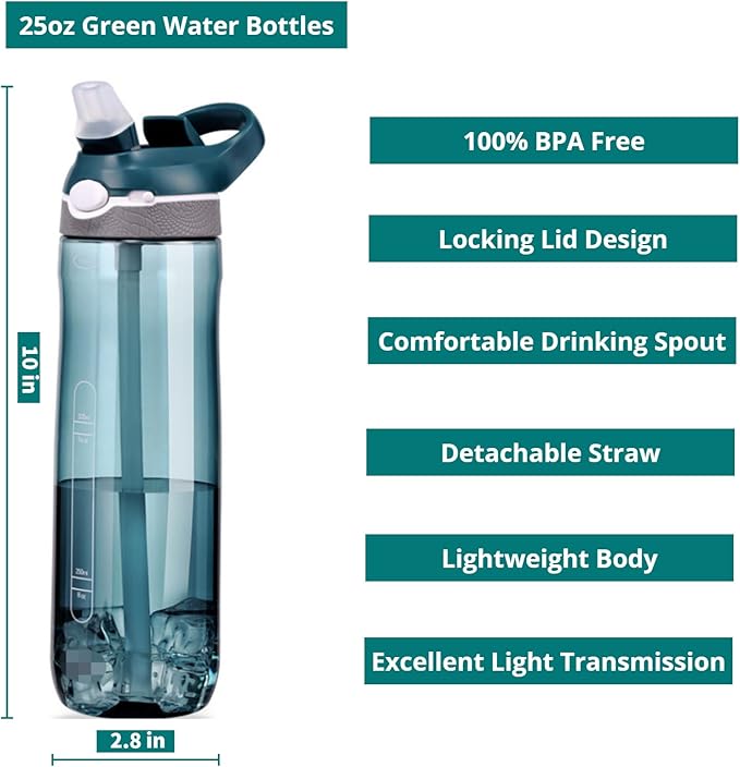 25oz Water Bottle with Clip Handle, Water Bottles with Locking Lid, Travel Plastic Water Bottle,Water Bottle with Straw, and Sports Tritan water bottle - Green