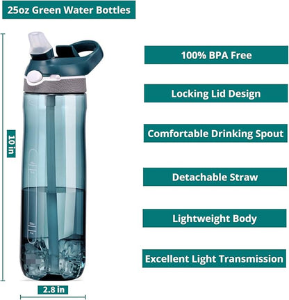 25oz Water Bottle with Clip Handle, Water Bottles with Locking Lid, Travel Plastic Water Bottle,Water Bottle with Straw, and Sports Tritan water bottle - Green