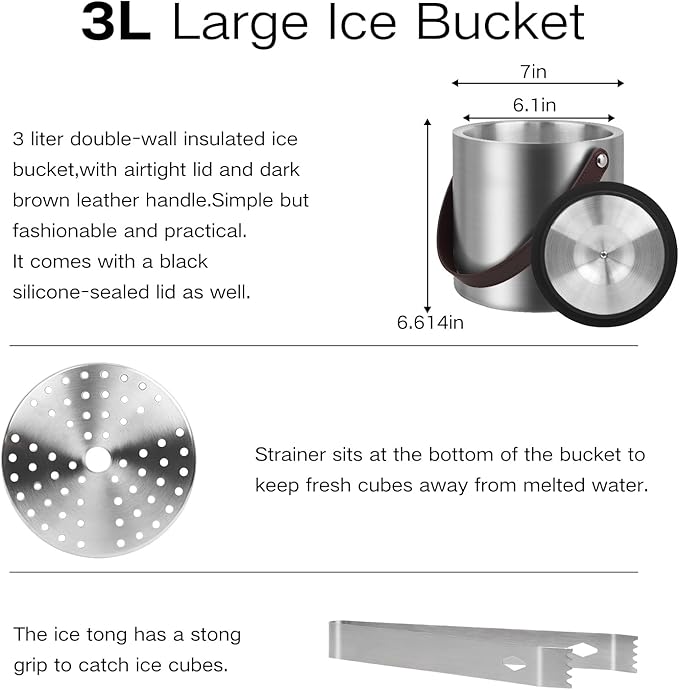 3L Large Ice Bucket with Lid, Ice Tong, Strainer & Leather Handle Keep Ice Frozen Longer Large Wine Ice Buckets for Parties,Cocktail Bar, Chilling Beer Champagne, Dark Brown Handle 3L