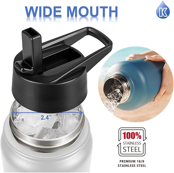 Water Bottle Insulated 32oz Straw Lid, Leak Proof, Vacuum Insulated,Stainless Steel Water Bottle Wide Mouth for Sports, Gym, BPA-Free Keep Cold 24H Hot 12H (BLACK)