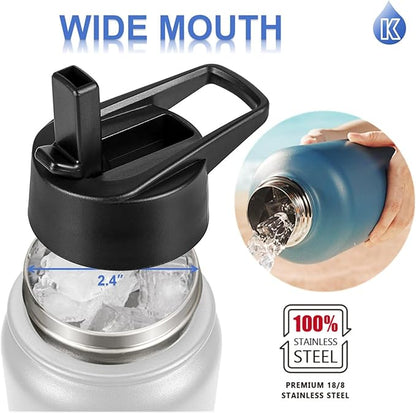 Water Bottle Insulated 32oz Straw Lid, Leak Proof, Vacuum Insulated,Stainless Steel Water Bottle Wide Mouth for Sports, Gym, BPA-Free Keep Cold 24H Hot 12H (BLACK)