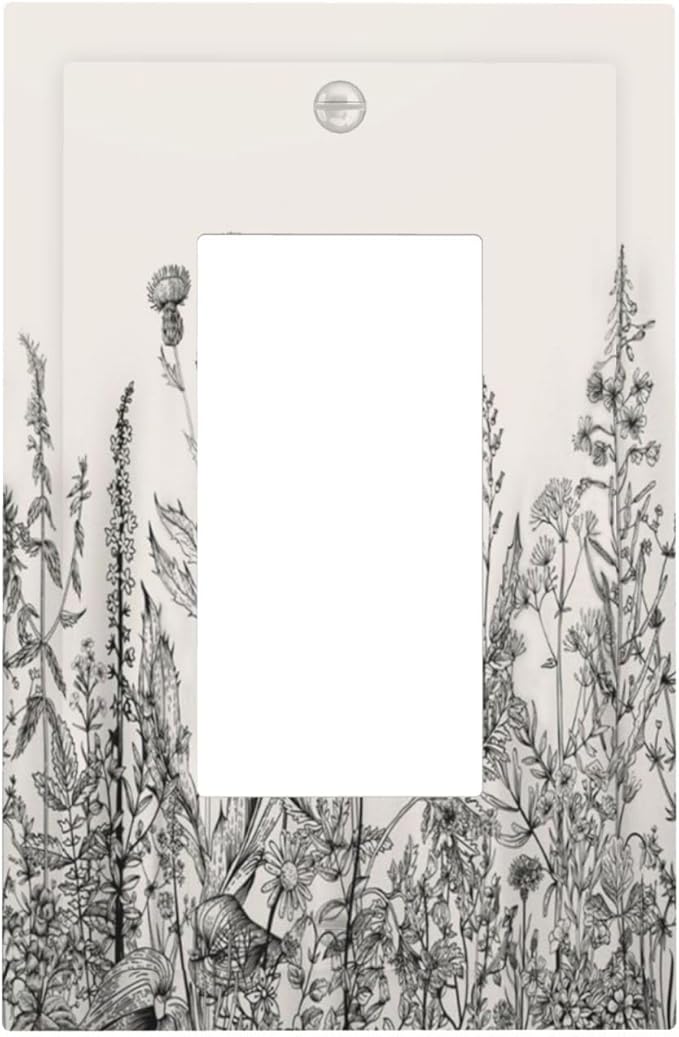 Vintage Grey Floral Herbs Wild Flowers Botanical 1 Gang Rocker Boho Light Switch Covers Decorative Country Unique Single Decora Outlet Wall Plate Faceplate Switchplate GFCI for Bedroom