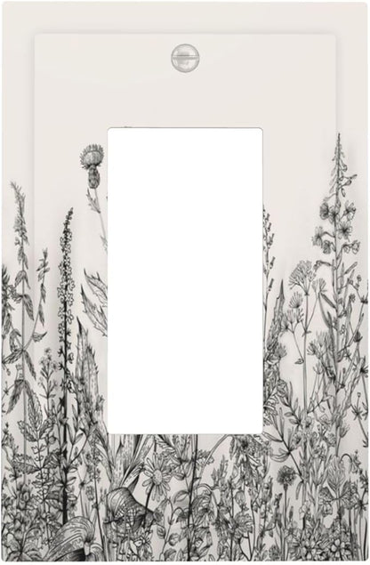 Vintage Grey Floral Herbs Wild Flowers Botanical 1 Gang Rocker Boho Light Switch Covers Decorative Country Unique Single Decora Outlet Wall Plate Faceplate Switchplate GFCI for Bedroom