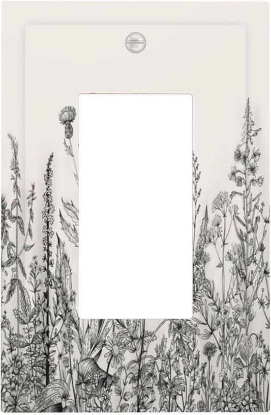 Vintage Grey Floral Herbs Wild Flowers Botanical 1 Gang Rocker Boho Light Switch Covers Decorative Country Unique Single Decora Outlet Wall Plate Faceplate Switchplate GFCI for Bedroom