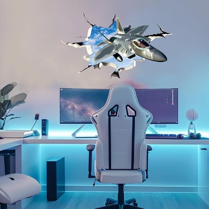 SUPERDANT 3D Break Sky Wall Sticker Fighter Jet Plane 3D Wall Decals Airplane Peel and Stick Vinyl Watercolor Art Decor for Boys Kids Room Living Room Nursery Bedroom Playroom Wall Decor