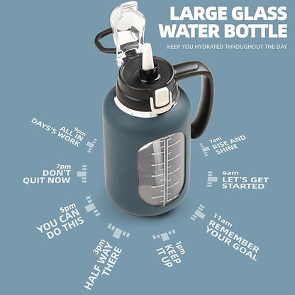 64oz Glass Water Bolttles Half Gallon Large Motivational Water Bottle with Time Marker Sports Water Bottles with Silicone Sleeve and Handle Lid Water Jug for Gym Workout-1 Pack