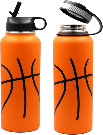 40 oz Basketball Water Bottle, Flask Sports with 2 Lids 18/8 Stainless Steel Travel Tumbler Double Wall Vacuum Insulated Hot/Cold Standard Metal Canteen (40oz, Basketball)