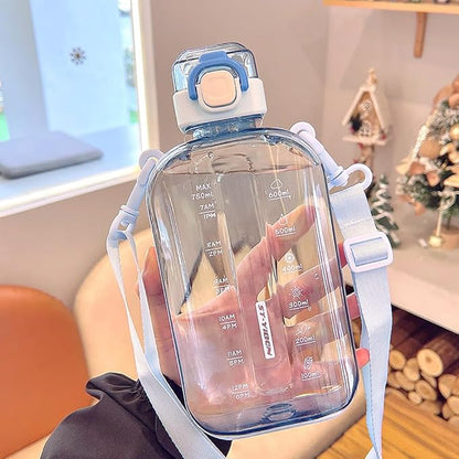750ML Square Transparent Water Bottle, Cute Sports Water Jug with Adjustable Strap, Portable Motivational Water Bolttles for Travel, Hiking and Outdoor Workouts