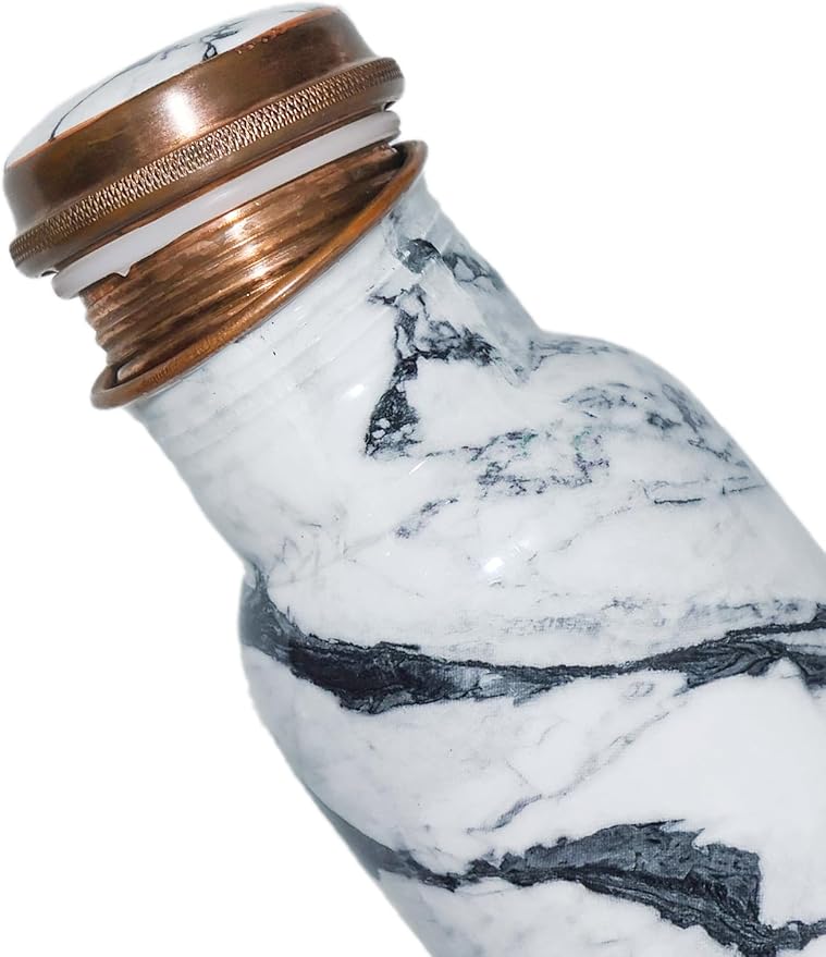 Copper Ayurveda Copper Water Bottle for Drinking – Travel Water Bottle for Gym, Yoga, Office, Hiking, Outdoor – with Lid (Yellw Pink floral) (White black marble)