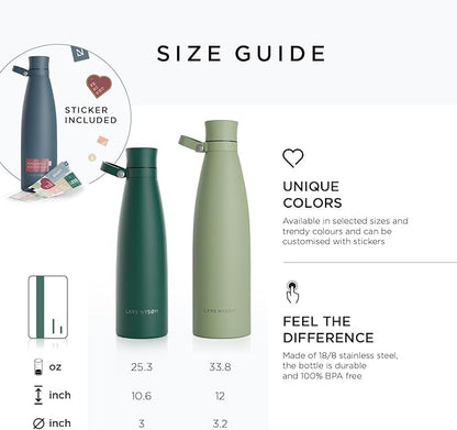 LARS NYSØM Stainless Steel Insulated Water Bottle 25oz 34oz | BPA-free Insulated Thermo Flask for Hot and Cold Beverages | Leakproof Drinking Bottle (Onyx Black, 34oz)