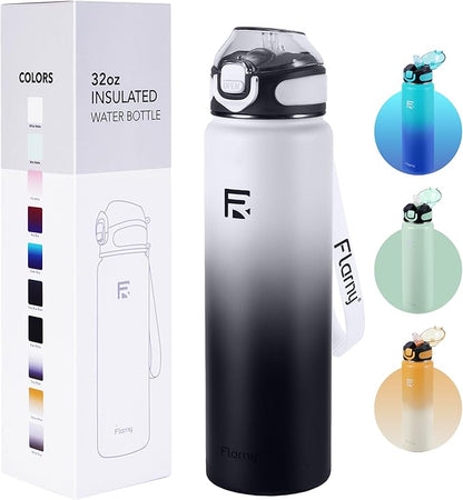 32 oz Insulated Water Bottle with Straw, Stainless Steel Metal Thermos Bottles, Durable Non-Slip Gradient Bottle with Strap for Sports and Travel, Leak Proof (Gray Black)