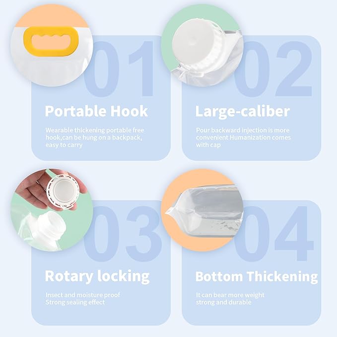 3Pack Collapsable Emergency Water Storage Bag, 2.6 Gallon No-Leak Freezable Camping Water Container Bag, BPA Free Food Grade Clear Plastic Storage Water Jug for Outdoor Sport Hiking Mountaineer