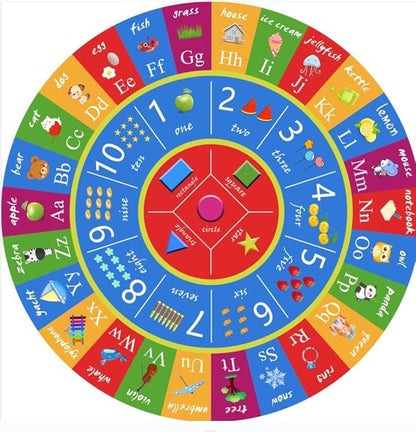 Round Kids ABC Rug 4ft, Alphabet Numbers Shapes Learning Mat for Children Playroom Bedroom, Educational Soft Circle Rug Carpet for Classroom Infant Toddlers Kids Room Game Area, Multi Color