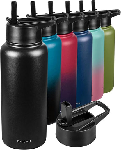 Water Bottle Insulated 32oz Straw Lid, Leak Proof, Vacuum Insulated,Stainless Steel Water Bottle Wide Mouth for Sports, Gym, BPA-Free Keep Cold 24H Hot 12H (BLACK)