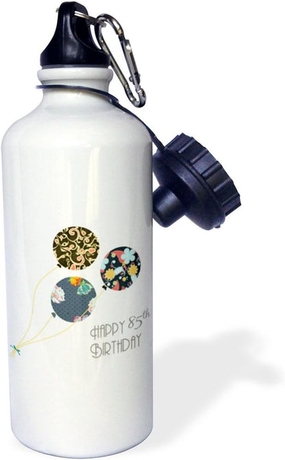 3dRose "Happy 85th Birthday-Modern stylish floral Balloons. Elegant black brown blue 85 year old Bday" Sports Water Bottle, 21 oz, White